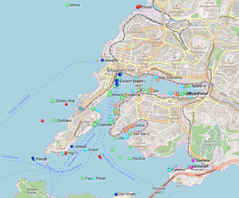 Позиции судов в порту Владивосток